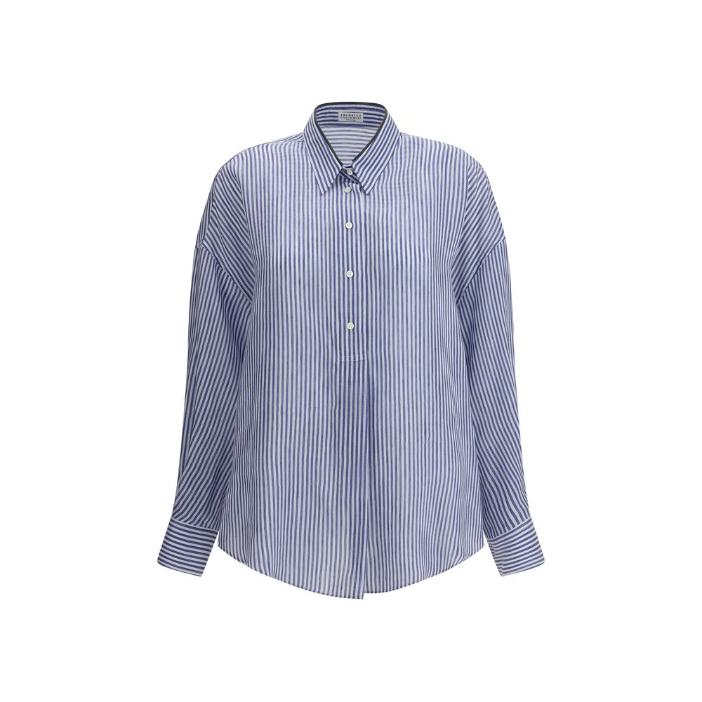 Brunello Cucinelli Striped Shirt with classic collar, mid-bust button closure, semi-transparent linen-silk blend, elegant design for SS25.