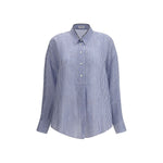 Brunello Cucinelli Striped Shirt with classic collar, mid-bust button closure, semi-transparent linen-silk blend, elegant design for SS25.