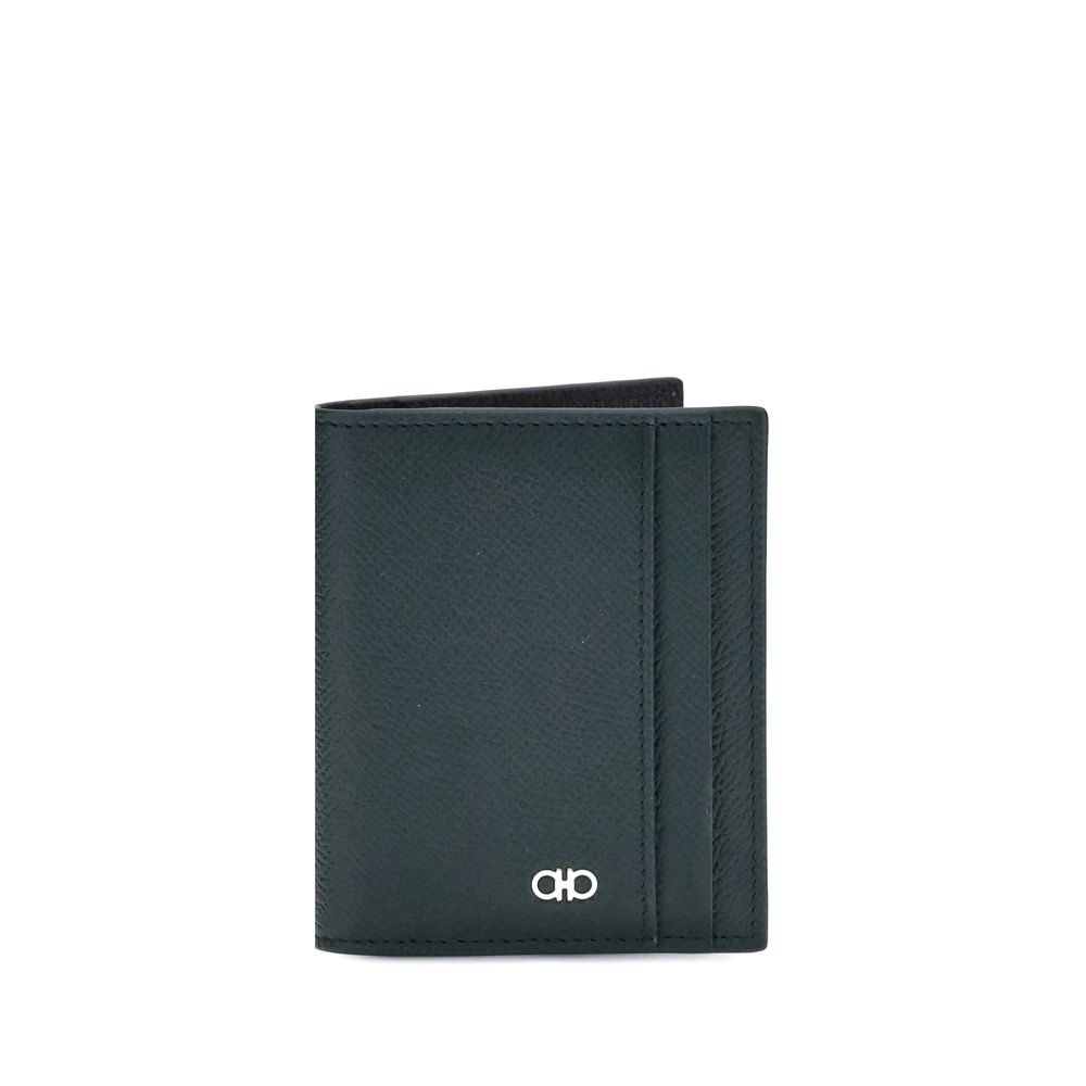Ferragamo Leather Card Holder with iconic Gancini ornament, compact and stylish design for the dynamic man.