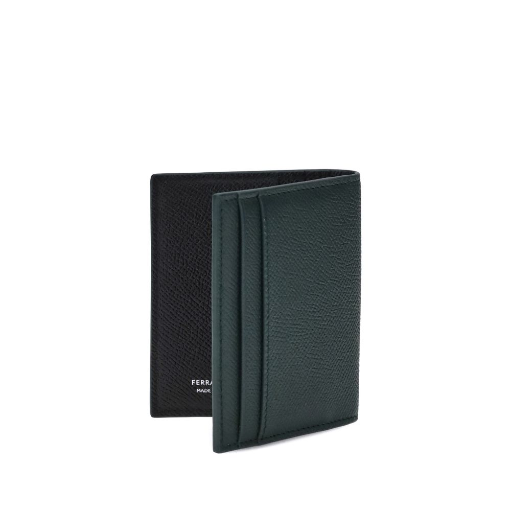 Ferragamo Leather Card Holder with Gancini ornament, fine grained leather, compact design.