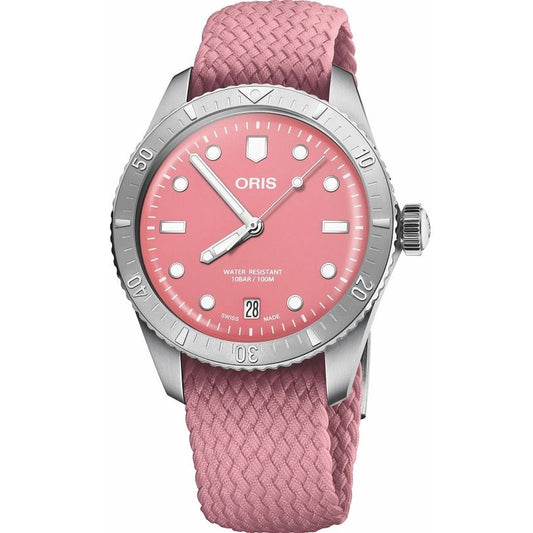 ORIS MOD. DIVERS SIXTY-FIVE ladies wristwatch, 38mm stainless steel case, pink fabric strap, water-resistant 10 ATM, sapphire dial.