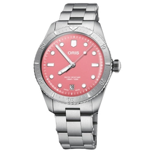 ORIS MOD. DIVERS SIXTY-FIVE unisex stainless steel wristwatch with pink dial and sapphire crystal, 38mm automatic timepiece.