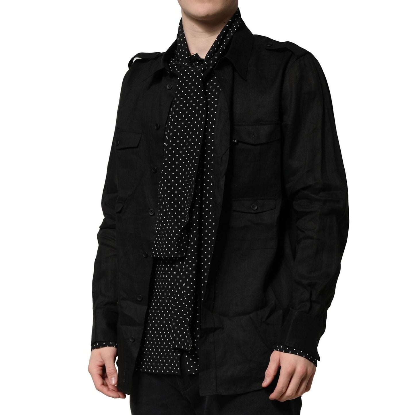 Dolce & Gabbana Black Polka Dot Linen Silk Men Casual Shirt TSH90652-40