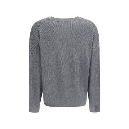 Brunello Cucinelli Gray Cotton Sweatshirt with ribbed texture, crew neck, and lurex shine, showcasing elegant style for AW25 season.