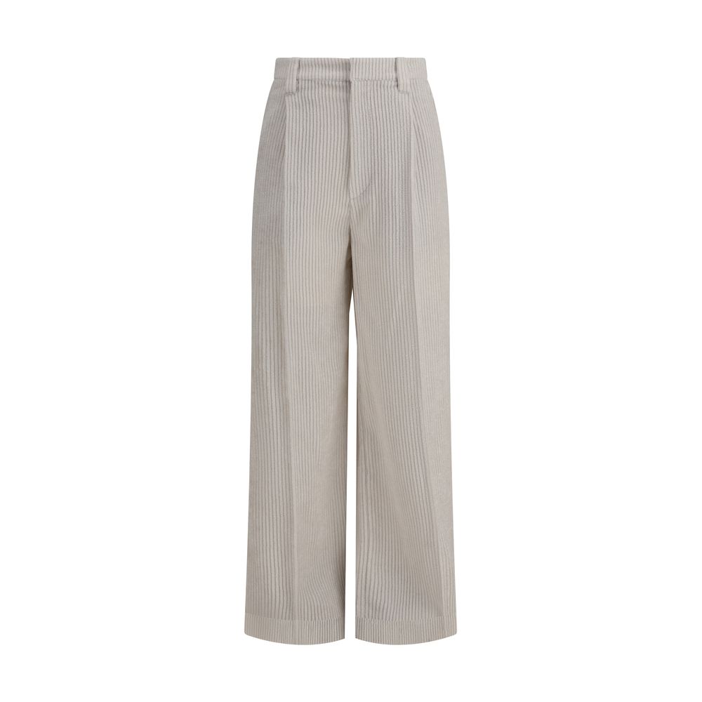 Brunello Cucinelli White Viscose Casual Pants with wide leg and tailored design, featuring zip-and-button closure and side pockets.
