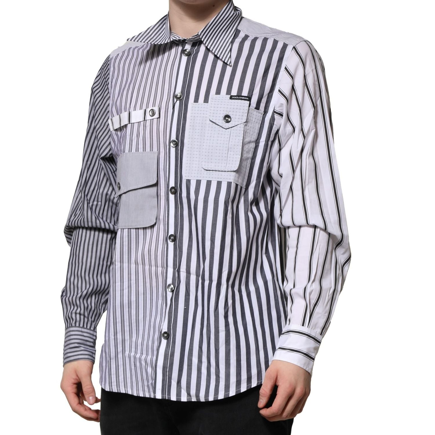 Dolce & Gabbana White Gray Striped Cotton Men Casual Shirt