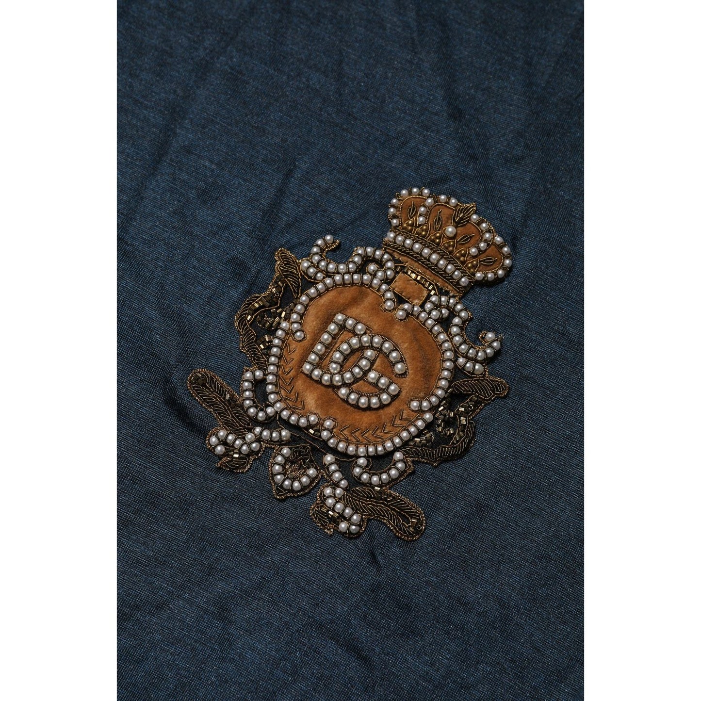 Dolce & Gabbana Dark Blue Silk Logo Patch Crew Neck T-shirt TSH90543-54