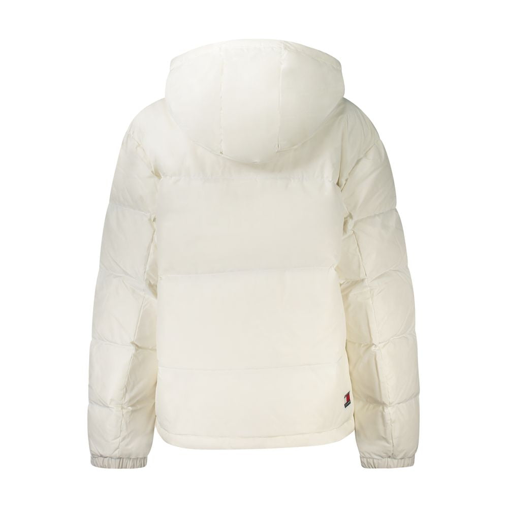 Tommy Hilfiger White Polyester Women Jacket with removable hood and iconic logo, showcasing eco-friendly style in a modern design.