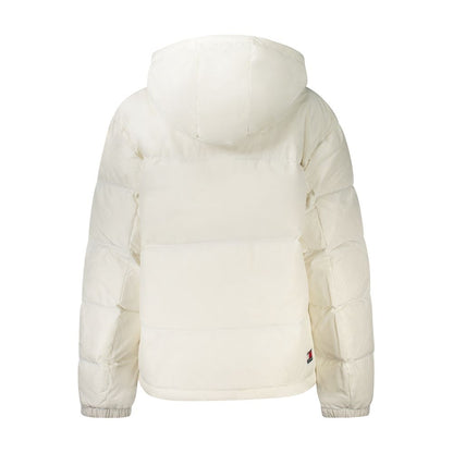 Tommy Hilfiger White Polyester Women Jacket with removable hood and iconic logo, showcasing eco-friendly style in a modern design.