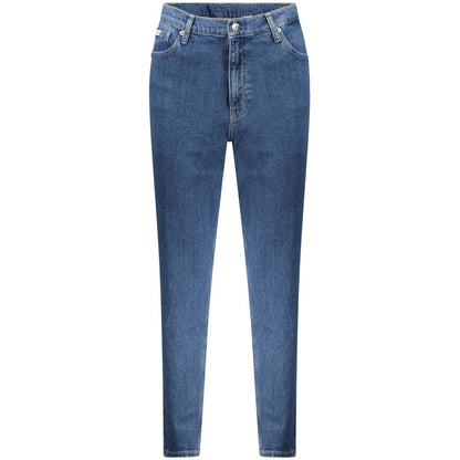 Calvin Klein Blue Cotton Women Jeans showcasing sustainable fashion with recycled cotton and iconic logo, classic five-pocket design.