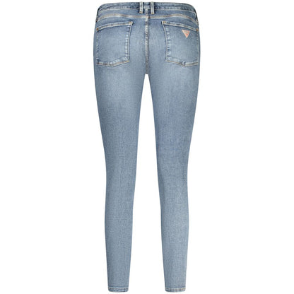 Guess Jeans Blue Cotton Women Jeans with logo on back pockets, showcasing stylish skinny fit and classic washed effect in light blue denim.