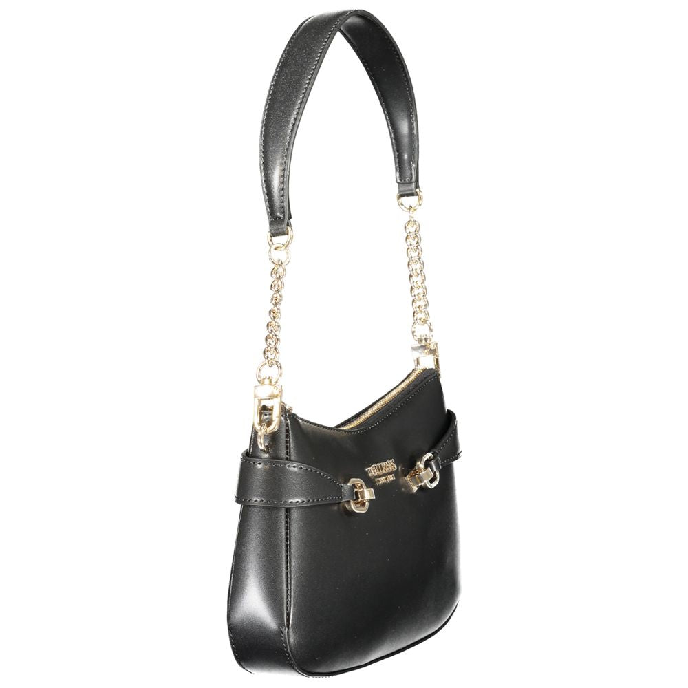 Guess Jeans Black Polyethylene Women Handbag with gold chain details and removable shoulder strap.