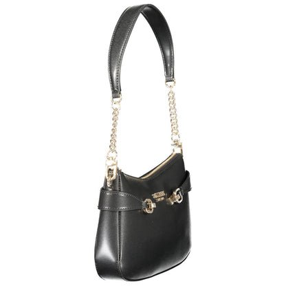 Guess Jeans Black Polyethylene Women Handbag with gold chain details and removable shoulder strap.