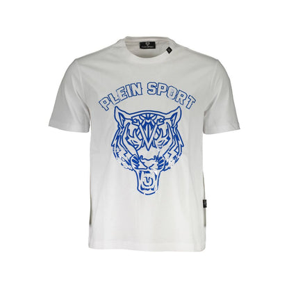 Plein Sport White Cotton Men T-Shirt featuring bold blue tiger print and logo, short sleeves, and crew neck design for athletic style and comfort.