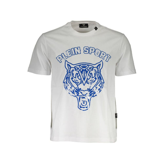 Plein Sport White Cotton Men T-Shirt featuring bold blue tiger print and logo, short sleeves, and crew neck design for athletic style and comfort.