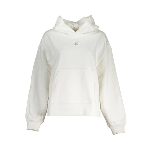 Calvin Klein White Cotton Women Sweater with hood and central pocket, featuring a relaxing fit and sustainable recycled cotton fabric.