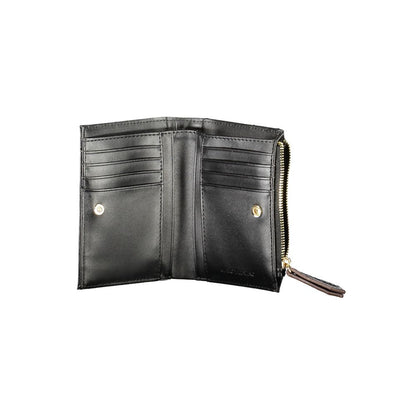 Open view of Mario Valentino Black Polyethylene Women Wallet showcasing compartments and zippered coin purse.