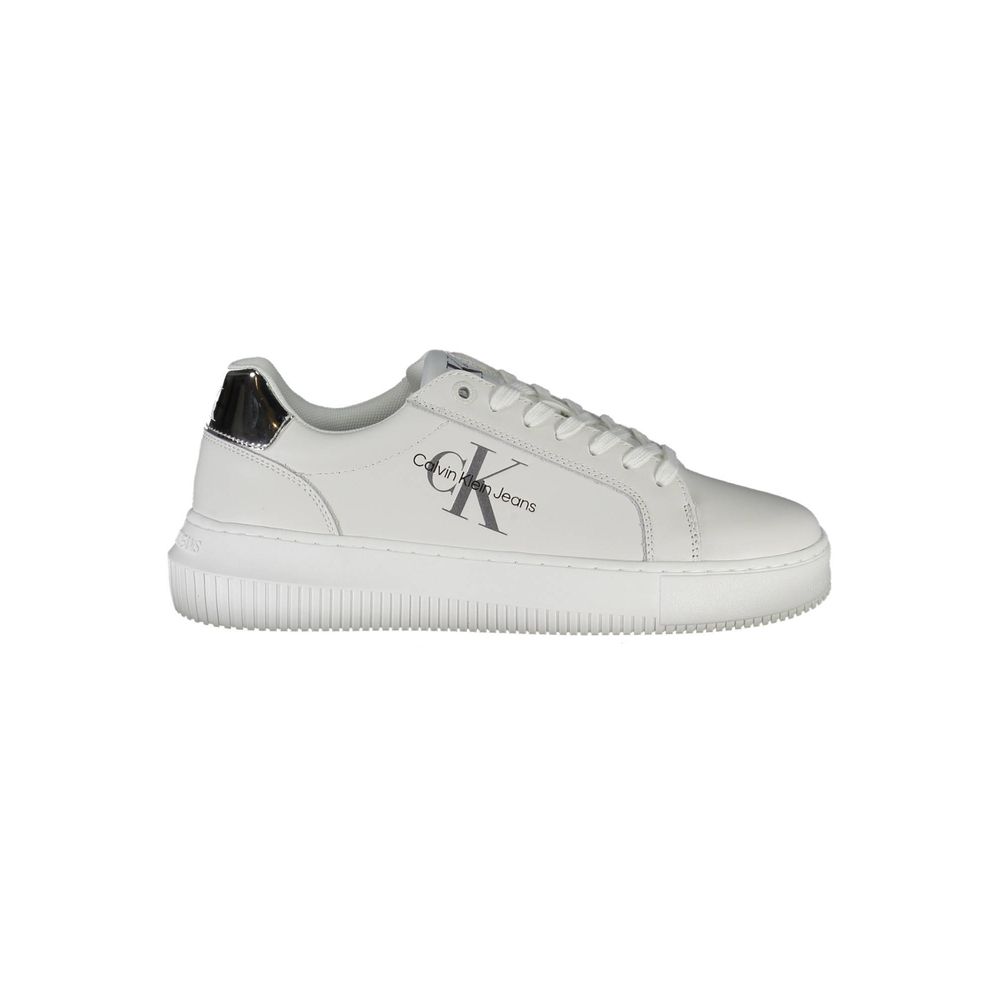 Calvin Klein White Polyester Sneaker with laces and contrasting sole, featuring print and logo made from recycled polyester.