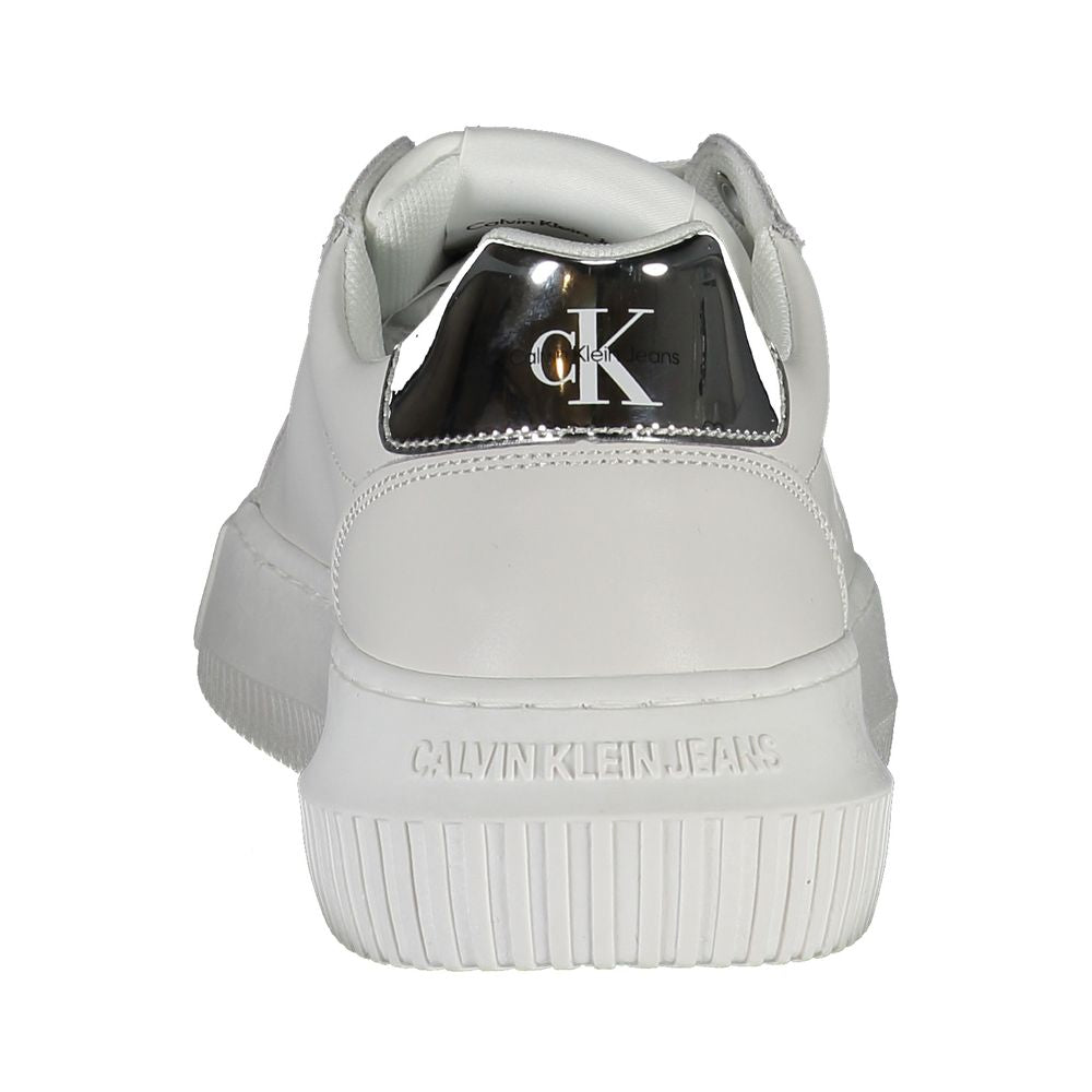Calvin Klein White Polyester Sneaker with contrasting sole and logo detail, made from recycled polyester, rear view.