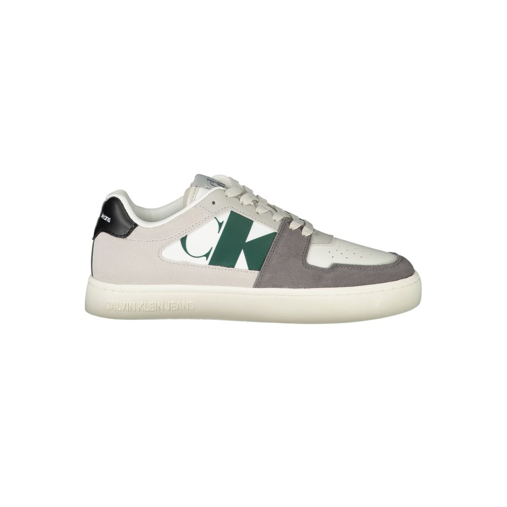 Calvin Klein White Polyester Men Sneaker with black-green accents, featuring a removable footbed for comfort and luxury branding.
