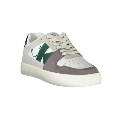 Calvin Klein White Polyester Men Sneaker with black-green accents, removable footbed, and logo detail for modern sophistication and comfort.