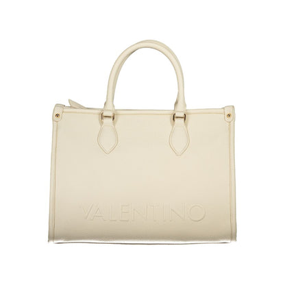 Mario Valentino Beige Polyethylene Handbag with two handles, adjustable strap, internal pockets, and logo detailing.