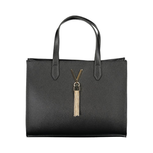Mario Valentino Black Polyethylene Handbag with two handles, adjustable removable strap, zipper closure, and logo detail.