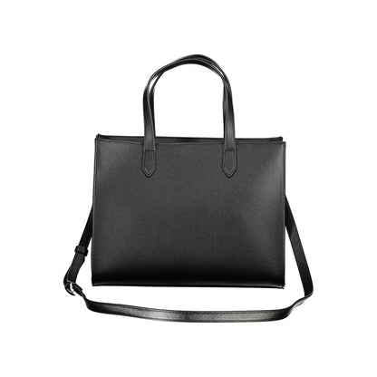 Mario Valentino Black Polyethylene Handbag with handles and adjustable strap, featuring internal pockets, contrasting details, and zip closure.