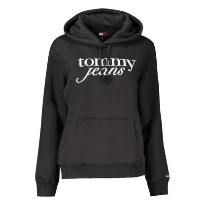Tommy Hilfiger Black Cotton Women Sweater with hood and pocket displaying the brand logo for style and comfort.