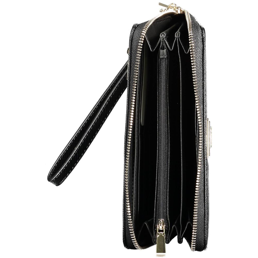 Guess Jeans Black Polyethylene Women Wallet showcasing multiple compartments and sleek zip closure for stylish organization.
