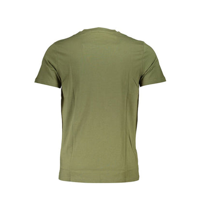 Back view of Cavalli Class Green Cotton Men T-Shirt showcasing plain design and luxurious fabric.