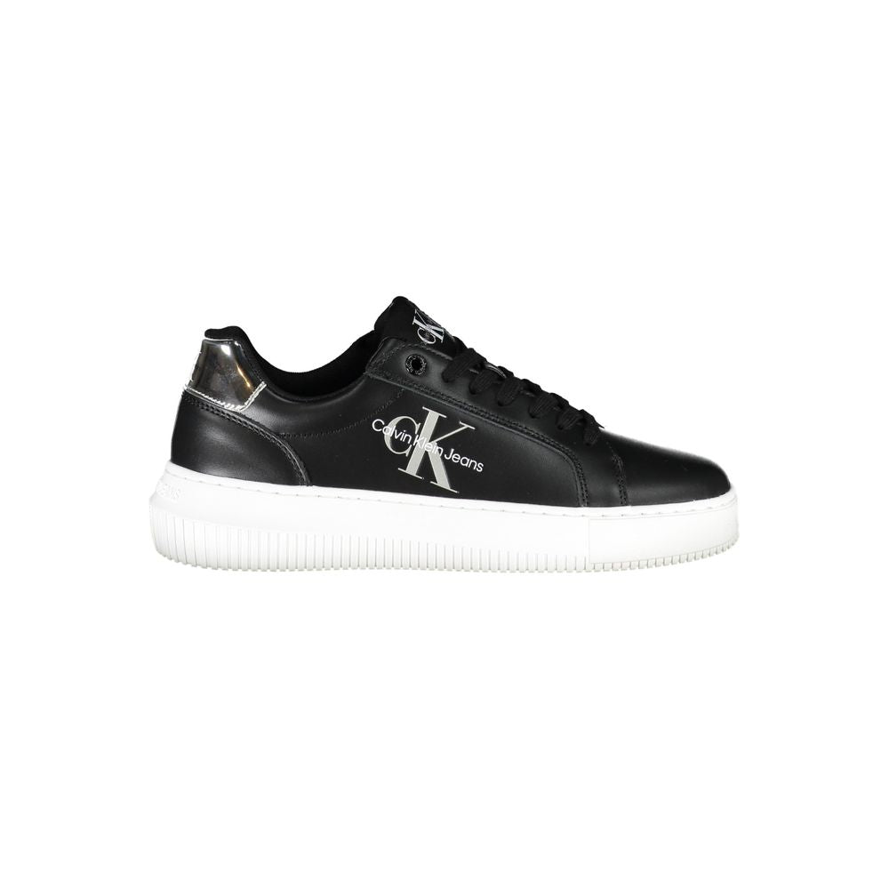 Calvin Klein Black Polyester Women Sneaker with contrasting sole and logo detail, made from recycled materials for eco-friendly style.