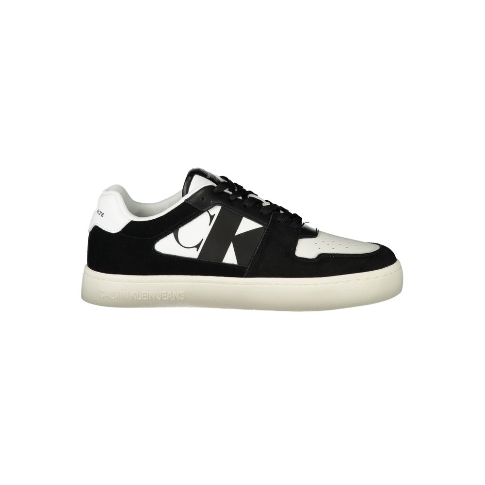 Calvin Klein White Leather Men Sneaker with bold black details and eco-friendly 50% recycled sole