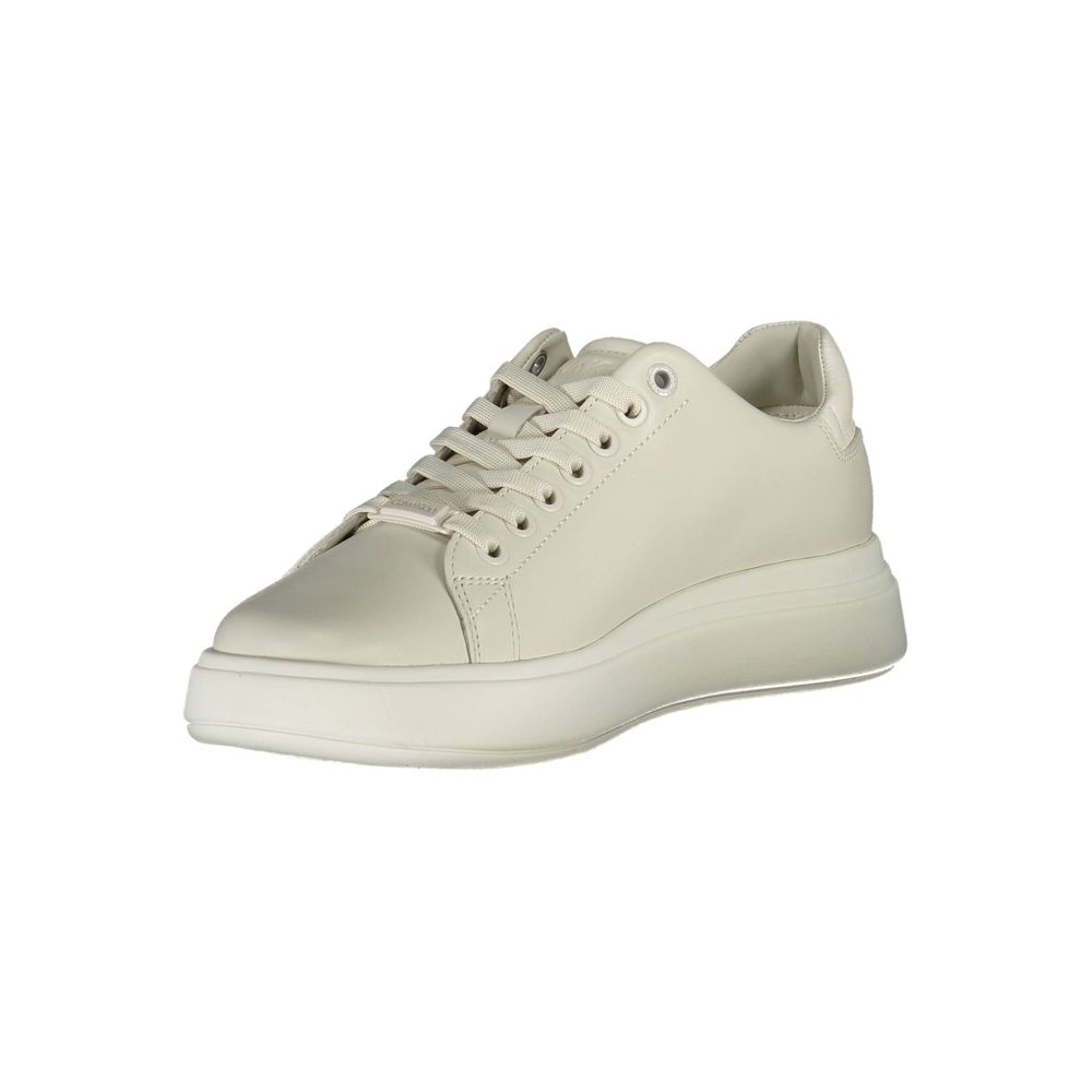 Calvin Klein Beige Leather Women Sneaker with iconic logo and contrasting details for style and comfort.