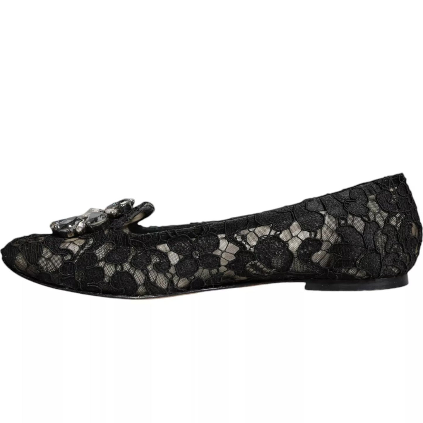 Dolce & Gabbana Black Lace Crystal Ballet Flats Loafer Shoes