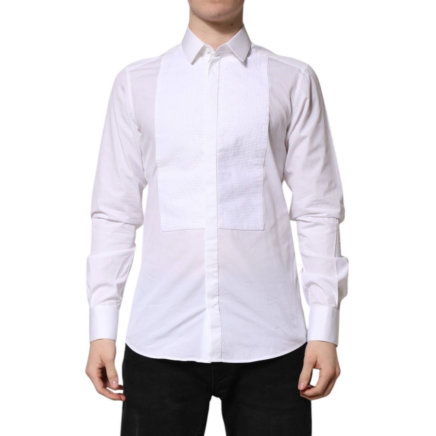 Dolce & Gabbana White GOLD Cotton Bib Dress Formal Shirt