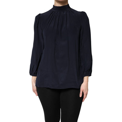 Dolce & Gabbana Blue Silk Mock Neck Long Sleeves Blouse Top