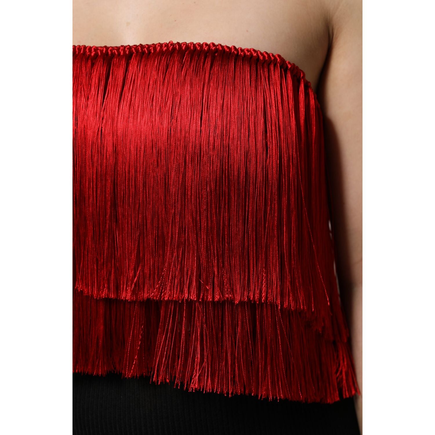 Dolce & Gabbana Red Silk Strapless Fringe Crop Tube Top