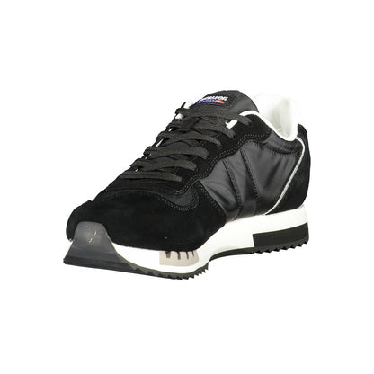 Blauer Black Polyester Men Sneaker with sleek design and contrast detailing, featuring removable footbed and iconic Blauer logo.