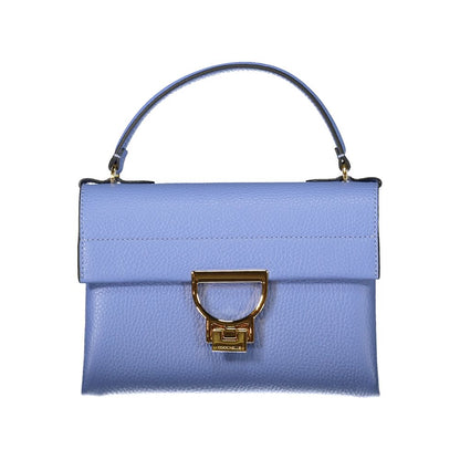 Coccinelle Light Blue Leather Women Handbag with gold twist closure, single handle, and adjustable shoulder strap on white background.