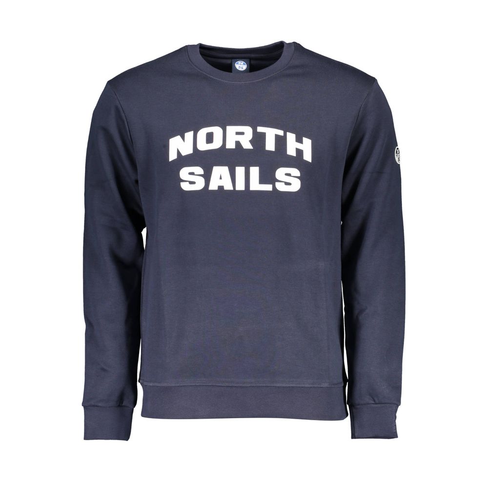 North Sails Blue Cotton Men Sweater with logo and bold print on front, crew neck design, made of soft cotton-polyester blend.