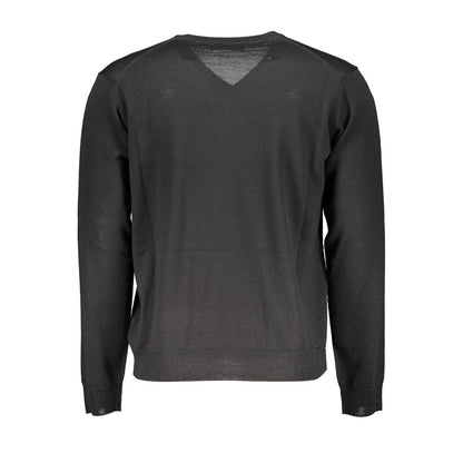 Romeo Gigli Black Wool Men Sweater, V-neck, long-sleeved, luxury Italian craftsmanship, back view