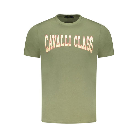 Cavalli Class Green Cotton Men T-Shirt with logo print, premium short-sleeve crew neck for casual sophistication and comfort.