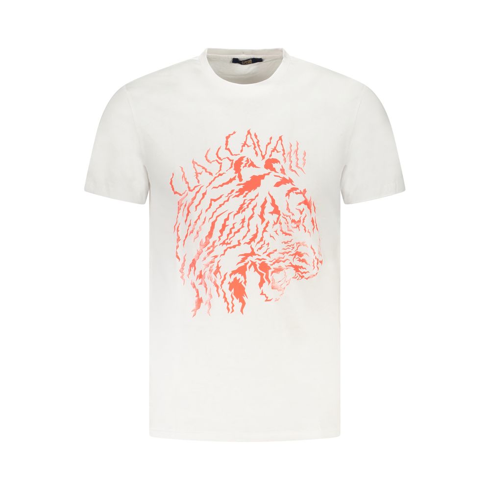 Cavalli Class White Cotton Men T-Shirt with distinctive lion print and logo on front, showcasing casual elegance and luxurious comfort.