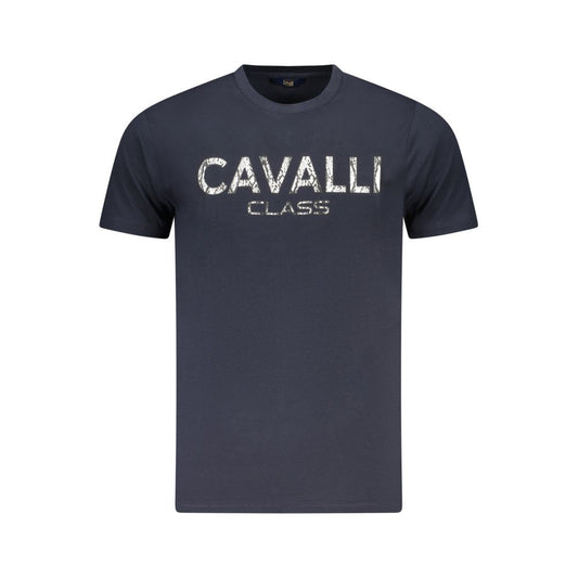 Cavalli Class Blue Cotton Men T-Shirt with bold logo print, short-sleeve crew neck design, luxury fashion for modern men.