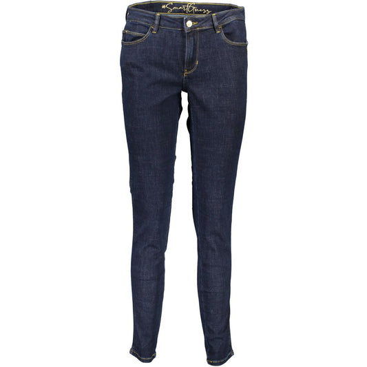 Guess Jeans Blue Cotton Women Jeans with mid-rise skinny fit and iconic logo, crafted from eco-friendly recycled cotton.