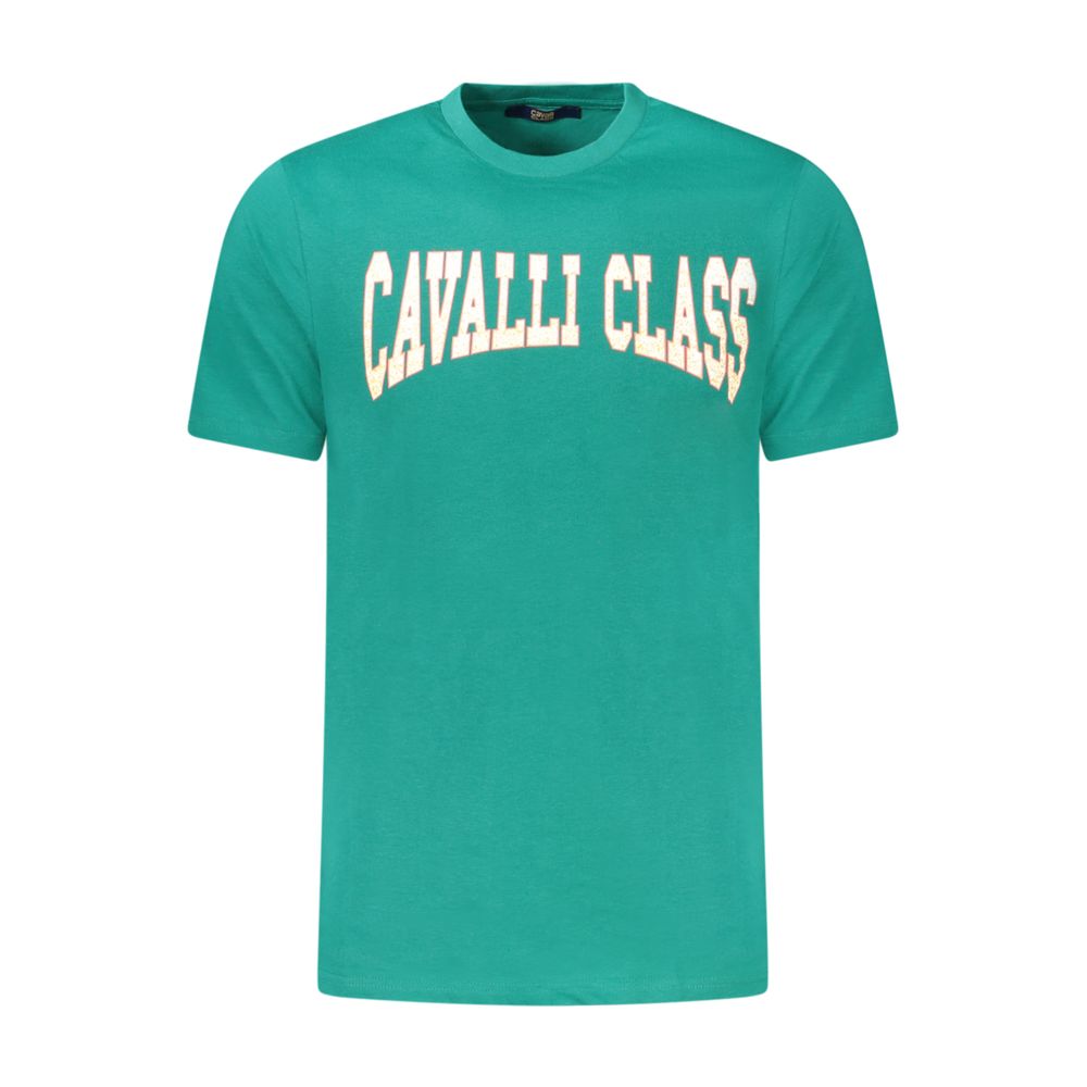 Cavalli Class Green Cotton T-Shirt with crew neck, short sleeves, and printed logo design.