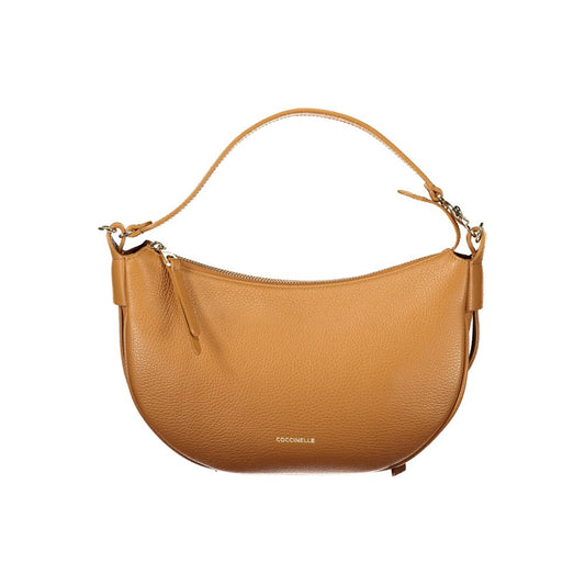 Coccinelle Brown Leather Handbag with adjustable strap, single shoulder handle, internal pocket, and zip closure.