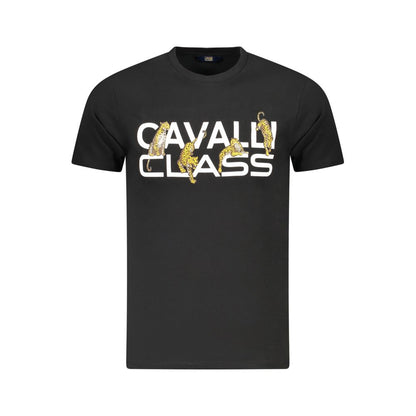 Cavalli Class Black Cotton Men T-Shirt with bold logo print, short sleeves, crew neck; luxurious style crafted in Bangladesh.