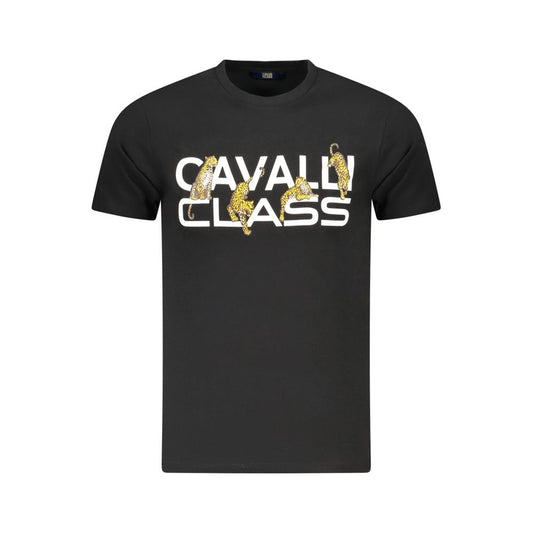 Cavalli Class Black Cotton Men T-Shirt with bold logo print, short sleeves, crew neck; luxurious style crafted in Bangladesh.